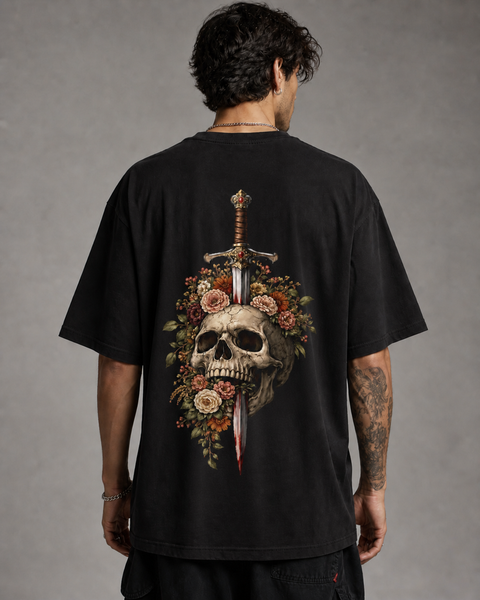 Floral Skull Dagger Baskılı Oversize Tişört