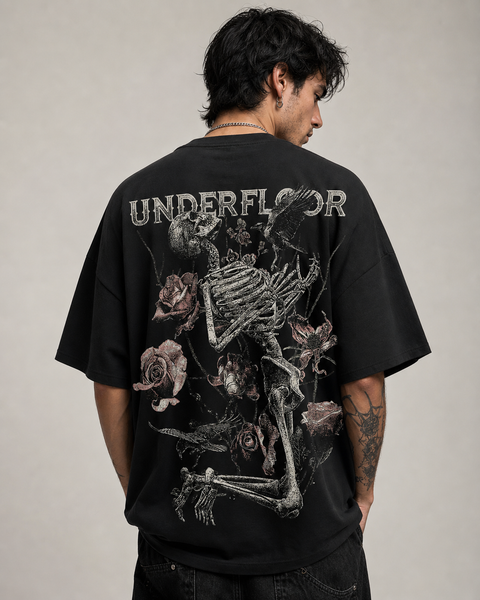 Gothic İskelet Gül Baskılı Oversize Tişört