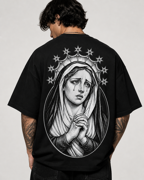 Crying Virgin Mary Baskılı Oversize Tişört