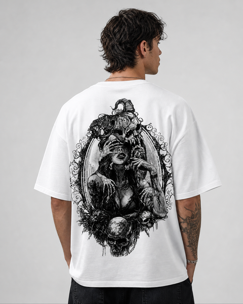 Karanlık Maske Baskılı Oversize Tişört