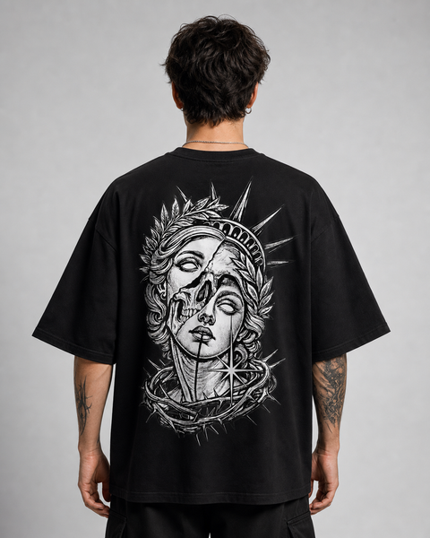 Gothic Özgürlük Heykeli Baskılı Oversize Tişört
