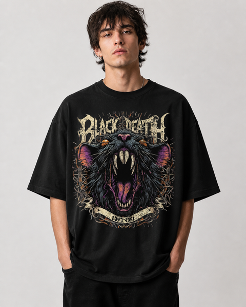 Black Death Rat Baskılı Oversize Tişört