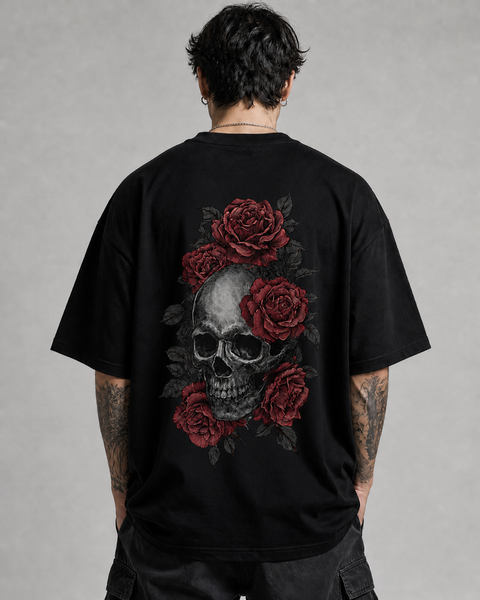 Roses Skulls Baskılı Oversize Tişört
